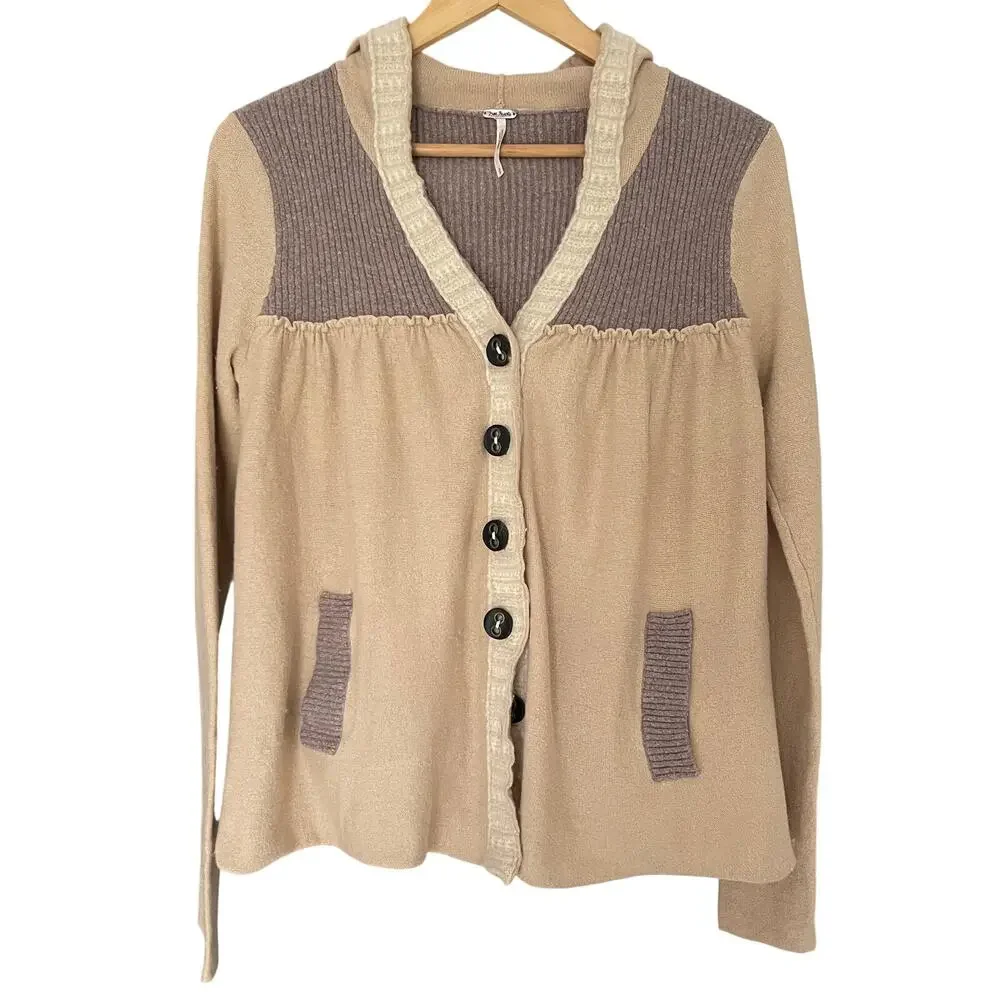 Free People Hooded Cardigan Sweater Cotton & Wool Blend Size Small